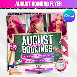 August Booking Flyer, August Appointment Flyer, Back To School Flyer, Back to school Sale Flyer, Hair Braids Lash Wig Flyer, Canva Editable