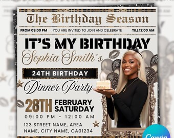 Birthday Party Flyer, Newspaper Birthday Invitation Flyer, Digital Bday Glam Party, Social Media, Birthday Dinner Invite, Canva Editable