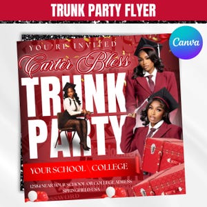 Trunk feestfolder, afscheidsfeestje uitnodiging, flyer voor DIY kofferbakfeest, uitnodiging afstudeerfeest, uitnodiging college, uitnodiging op canvas, bewerkbaar op canvas