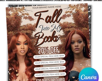 Fall Season Booking Flyer, Fall Szn Booking Flyer, Sept Oct Nov Booking Flyer, Fall Lash Hair Nails Braids Wig MUA, Book Now, Canva Editable