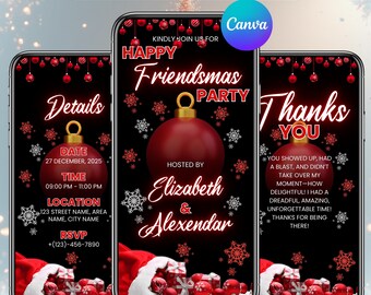 Friendsmas Weihnachtsfeier-Einladung, Weihnachtsessen animierte einladen, Red Holiday Dinner Evite, Ornament einladen, Urlaub einladen,DIY Canva