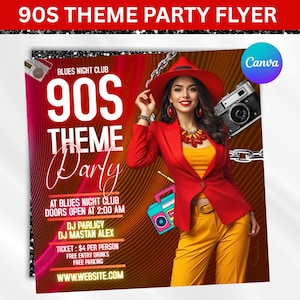 May include: A flyer for a 90s theme party. The flyer features a woman in a red blazer and yellow pants. The text on the flyer includes "90s Theme Party", "Blues Night Club", and "Doors open at 2:00 AM". A retro boombox and camera are also featured.