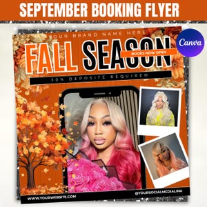 September Booking Flyer, Fall Season Booking Flyer, Fall Szn Sale, Books Open, Autumn Flyer, Hair Braids Wig Lash Nail Flyer, Fall Season Booking Flyer, Fall Szn Sale, September Booking Flyer, Wig Install, Lash Nail Braids MUA Fall Season Autumn Flyer, September Booking Flyer, Fall Makeup Deals, Appointment Flyer, Book Now Flyer, Hair, Nails, Makeup Lashes Braids Wigs, Fall Booking Flyer, September Books Open, Lash Nail Braids MUA Fall Season Autumn Flyer Premade Business Flyer, Canva Editable