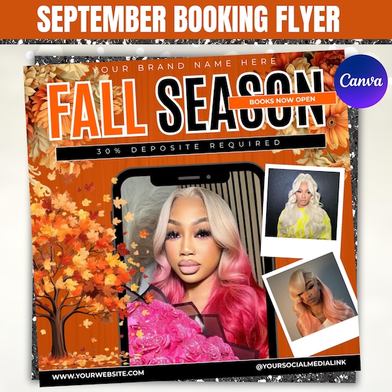 September Booking Flyer, Fall Season Booking Flyer, Fall Szn Sale, Books Open, Autumn Flyer, Hair Braids Wig Lash Nail Flyer, Canva Editable