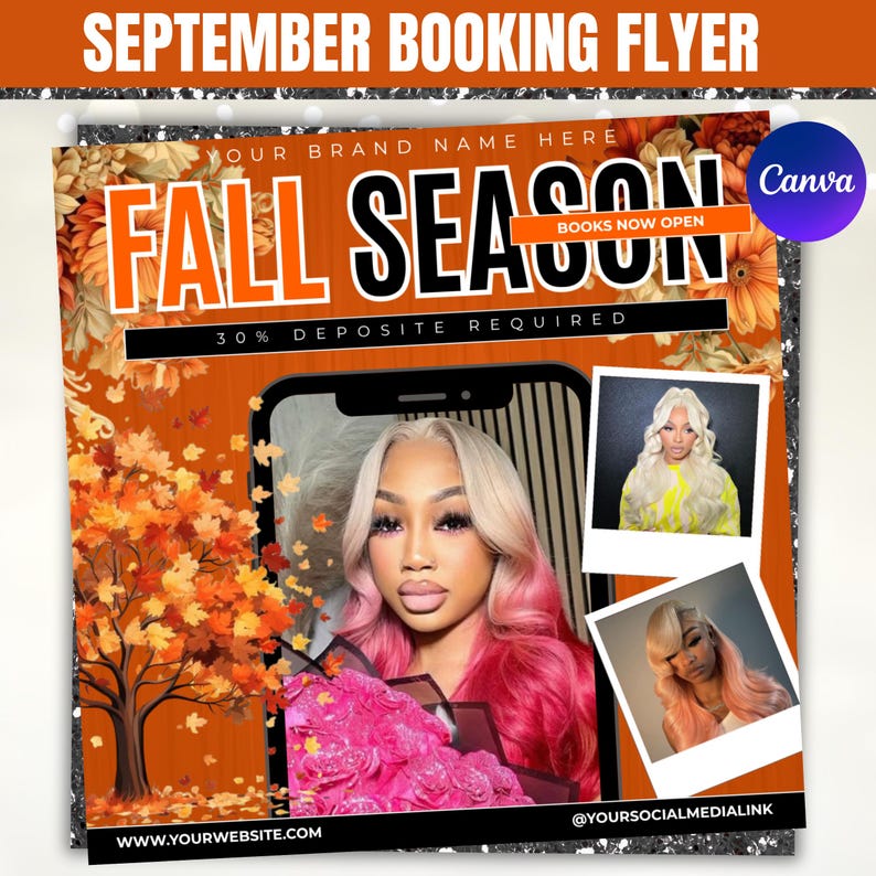 September Booking Flyer, Fall Season Booking Flyer, Fall Szn Sale, Books Open, Autumn Flyer, Hair Braids Wig Lash Nail Flyer, Fall Season Booking Flyer, Fall Szn Sale, September Booking Flyer, Wig Install, Lash Nail Braids MUA Fall Season Autumn Flyer, September Booking Flyer, Fall Makeup Deals, Appointment Flyer, Book Now Flyer, Hair, Nails, Makeup Lashes Braids Wigs, Fall Booking Flyer, September Books Open, Lash Nail Braids MUA Fall Season Autumn Flyer Premade Business Flyer, Canva Editable