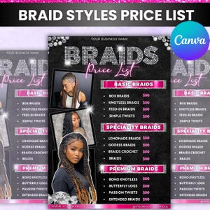 Puede incluir: Una lista de precios en negro y rosa para estilos de trenzas. La lista incluye trenzas básicas, trenzas especiales y trenzas premium con los precios indicados junto a cada estilo. La imagen también presenta fotos de mujeres con diferentes estilos de trenzas.