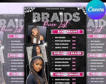 Lista de precios de trenzas, precio de peinados con trenzas, diseño de plantilla de volante DIY, hoja de precios de salón de belleza, lista de precios de pestañas, cabello y uñas, Canva editable