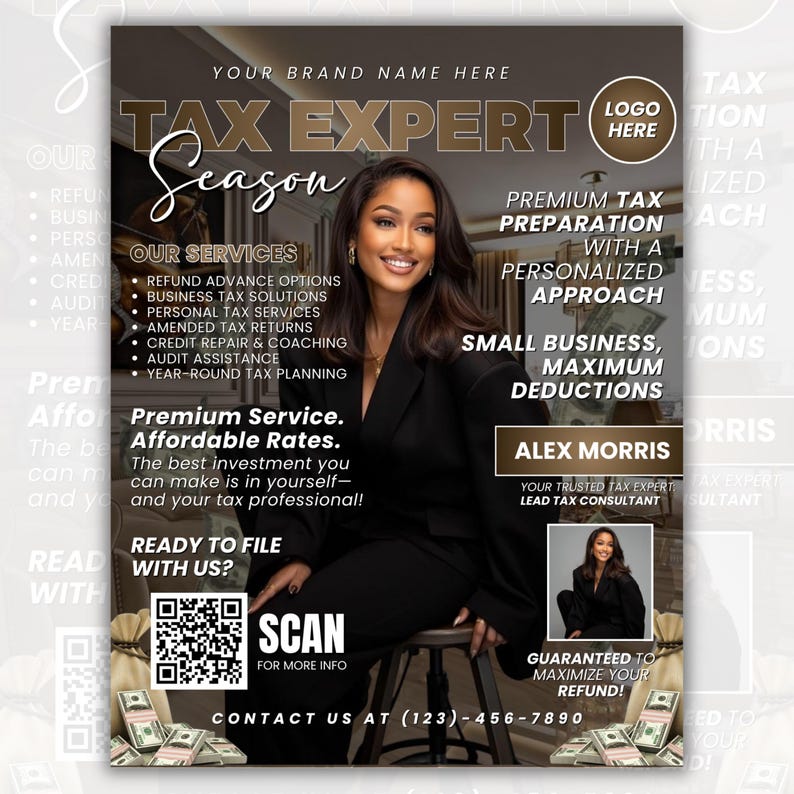 Tax Season Magazine Flyer, Modern Tax Prep Flyer, Editable Tax Refund Preparation, Accountant Marketing Flyer, Tax Business, Canva Template