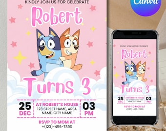 Bluey Birthday Invitation, Bing Birthday Invitation, Birthday Party Invitation, Bday Party Invite, Kids Birthday Invitation, Canva Editable