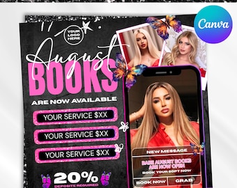 Bokningsflyer för augusti, mötesflyer för augusti, flygblad för skolstart, flygblad för skolstartsrea, flygblad för hårflätor, fransar och peruker, redigerbar Canva