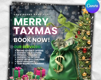 Folleto de preparación de impuestos para Navidad, folleto de Feliz Navidad, folleto de reparación de crédito para las fiestas, folleto de marketing para contadores, plantilla para preparador de impuestos, Canva editable