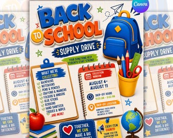Back to School Donation Drive Flyer Template, Back 2 School Supplies Donation Flyer, Fundraiser Poster, Digital Download, Canva Editable