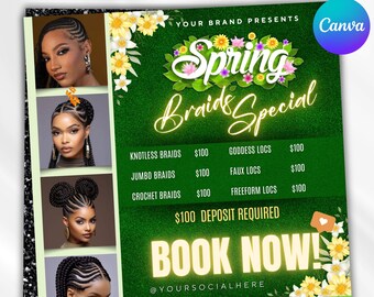 Spring Braids Sale Flyer, Spring Braids Special, Spring Booking Flyer, Spring Season Flyer, Braid Prices Flyer, Hair Flyer, Canva Editable