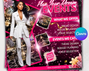 Flyer feestverhuur, flyer evenementenbenodigdheden, flyer verhuur evenementapparatuur, kant-en-klare decoratieflyer feestplanning, zakelijk, bewerkbaar canvas