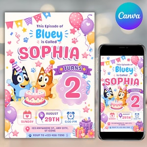 May include: A digital birthday invitation template featuring Bluey and Bingo characters, a pink birthday cake, balloons, and party streamers. The text reads This Episode of Bluey is Called SOPHIA Turns 2, Sunday August 29th, 6:00 PM, and address details.