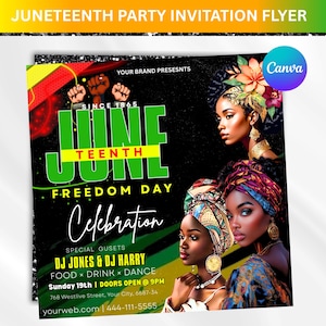 Puede incluir: Un folleto de invitación a la fiesta del Juneteenth con un fondo negro y acentos verdes, amarillos y rojos. El folleto presenta el texto "Juneteenth", "Freedom Day" y detalles del evento, junto con ilustraciones de tres mujeres.