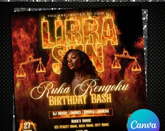 Pode incluir: Um flyer para uma festa de aniversário de Libra. O design apresenta a imagem de uma mulher, um fundo flamejante e o texto "LIBRA SUN" e "Ruka Rengoku BIRTHDAY BASH". Detalhes: DJ, bebidas, jantar, hookah e informações de RSVP.