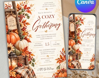 Thanksgiving Gathering Invitation Canva Template Fall Harvest Party Invite Friendsgiving Dinner Card Edit Link PDF Digital Download