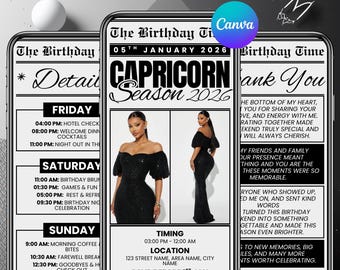Invito di compleanno per Capricorno su giornale, invito digitale per compleanno Capricorno, invito digitale per viaggio di compleanno per ragazze nel fine settimana, modificabile su Canva