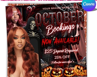 Boekingsflyer oktober, boekingsflyer Halloween, boeken open oktober, spooky SZN-flyer, haarvlechten nagels MUA Lash Locs-pruik, bewerkbaar canvas