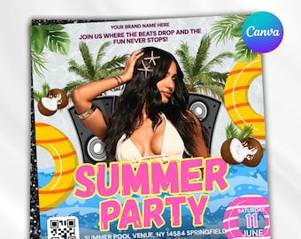 Flyer zomerfeest, flyer zwembadfeest, flyer zomerfeestfeest, flyer zomerevenement, strandflyer, sjabloonontwerp DIY-flyer, canvas bewerkbaar
