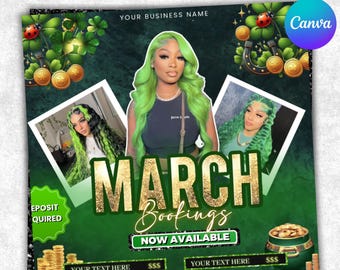 Boekingsflyer maart, flyer St. Patrick Day, flyer maart Madness, maart Boek nu, flyer maart Hair, maart Braids Lashes Nails, bewerkbaar op canvas