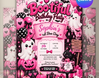 Editable Pink Girls Night Halloween Party Invitation, Spooky Cocktail Party Invite, Digital & Printable, DIY Text, Instant Download
