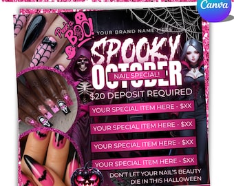 Halloween Booking Flyer, October Booking Flyer, Halloween Nail Special Flyer, Spooky SZN Flyer, Hair Braid MUA Lash Locs Wig, Canva Editable