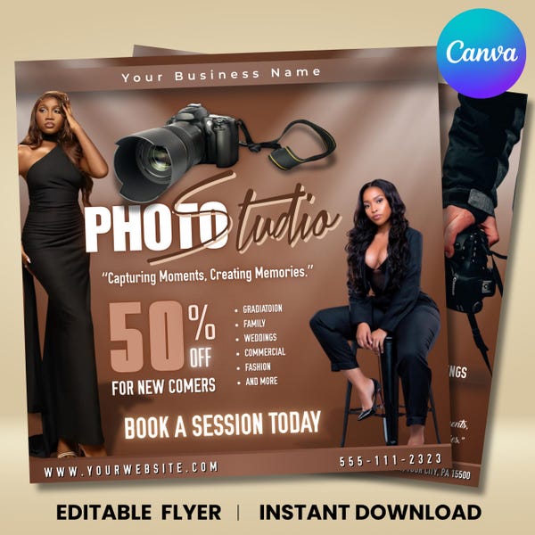 Folleto de fotografía para empresas, folletos para fotógrafos, folleto de sesión de fotos para la temporada de graduación, folleto de fotografía, reserva de fotografía (Canva editable)
