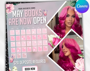 May Booking Flyer, Mothers Day Booking Flyer, May Hair, May Books Open, May Appointment Flyer, Book Now, Hair Braids Wig Lashes, Canva Edit