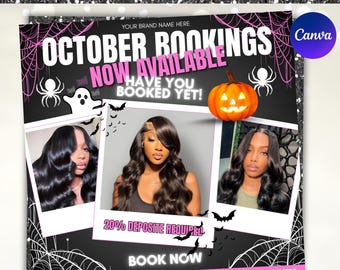October Booking Flyer, Halloween Booking Flyer, October Books Open, Spooky SZN Flyer, Hair Braids Nails MUA Lash Locs Wig, Canva Editable