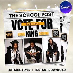 Homecoming King Flyer, Homecoming Queen Flyer, Homecoming Campaign Flyer, Vote Homecoming, HOCO Flyer, Vote for me Flyer, HOCO King Magazine Theme, Homecoming King Flyer, Class Campaign Flyer, School Event, Vote Prom King Canva Flyer, Editable Magazine Template, Homecoming King, Prom Flyer, Vote for me Prom, Prom Flyer, Prom King Flyer, Prom Class Campaign Flyer, Election Flyer, DIY Canva Vote flyer, Canva Editable
