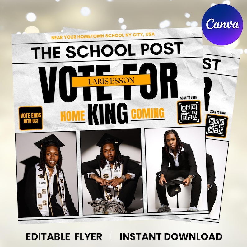 Homecoming King Flyer, Homecoming Queen Flyer, Homecoming Campaign Flyer, Vote Homecoming, HOCO Flyer, Vote for me Flyer, HOCO King Magazine Theme, Homecoming King Flyer, Class Campaign Flyer, School Event, Vote Prom King Canva Flyer, Editable Magazine Template, Homecoming King, Prom Flyer, Vote for me Prom, Prom Flyer, Prom King Flyer, Prom Class Campaign Flyer, Election Flyer, DIY Canva Vote flyer, Canva Editable