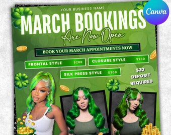 Boekingsflyer maart, flyer St. Patrick Day, flyer maart Madness, maart Boek nu, flyer maart Hair, maart Braids Lashes Nails, bewerkbaar op canvas
