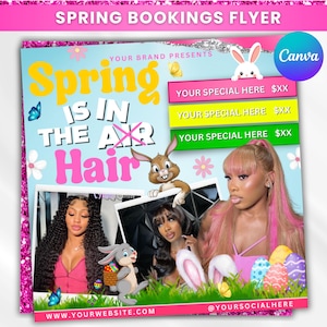 Op de afbeelding: Een flyer die haardiensten adverteert met de tekst "Spring is in the air Hair" en afbeeldingen van vrouwen met gestyled haar. De flyer bevat ook de tekst "YOUR BRAND PRESENTS" en "YOUR SPECIAL HERE $XX".