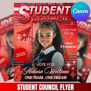 Op de afbeelding: Een rode en witte flyer voor de studentenraad met de tekst "Student Council" en "Vote for Mikasa William". De flyer toont een lachend meisje, papieren vliegtuigjes en het jaar 2025. Het Canva-logo is zichtbaar.