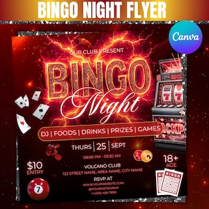 Bingo Night Flyer, Game Night Party Flyer, Casino Party, Club Party Flyer, Game Night Events, Game Invitation, Poker, Chess, Canva Editable
