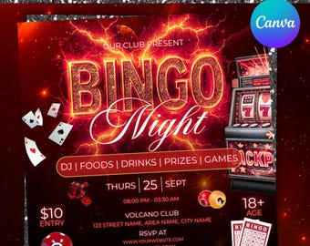 Bingo Night Flyer, Game Night Party Flyer, Casino Party, Club Party Flyer, Game Night Events, Game Invitation, Poker, Chess, Canva Editable