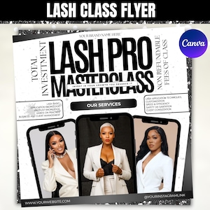 Puede incluir: Un folleto promocional para una Masterclass Lash Pro, con el texto "Lash Pro Masterclass" e "Invierte en tu crecimiento, te lo mereces". El folleto incluye imágenes de tres mujeres y enumera servicios e información de contacto.