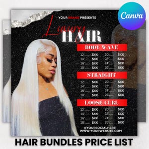 Folleto de lista de precios de cabello, folleto de cabello, lista de precios de cabello, folleto de ofertas de cabello DIY, folleto de ofertas especiales de paquetes de cabello, trenzas de pestañas, Canva editable