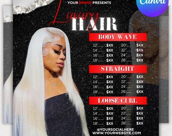 Hair Price list Flyer, Hair Flyer, Hair Price list, DIY Hair Sale Flyer, Hair Bundles Special Deals Flyer, Lash Hair Braids, Canva Editable