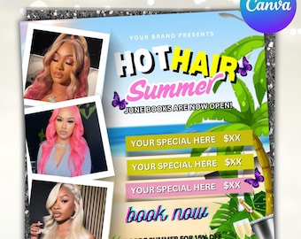 Summer Booking Flyer, July Booking Flyer, June Booking Flyer, Summer Sale Bookings Flyer, Summer Sale Flyer, Hair Flyer, Canva Editable