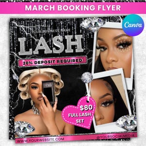 May include: A black and pink flyer advertising lash services. The flyer features a diamond pattern background with lightning bolts and the text "LASH" in large, silver letters. The flyer also includes a photo of a woman with long, dark eyelashes and the text "20% DEPOSIT REQUIRED".