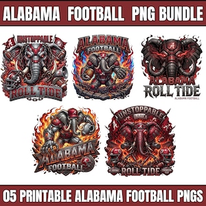 May include: A digital bundle of five Alabama football graphic designs featuring armored elephants, footballs, and flames in crimson and grey. Text includes ALABAMA FOOTBALL, UNSTOPPABLE, and ROLL TIDE. The collection is labeled ALABAMA FOOTBALL PNG BUNDLE.