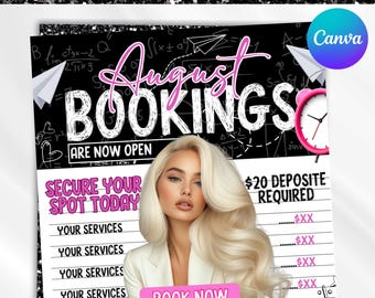 Bokningsflyer för augusti, mötesflyer för augusti, flygblad för skolstart, flygblad för skolstartsrea, flygblad för hårflätor, fransar och peruker, redigerbar Canva