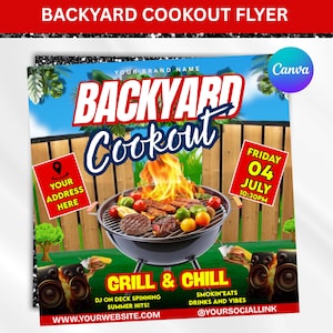 Backyard Cookout Flyer, BBQ Flyer, Summer Cookout Flyer, DIY Design Template, Food Flyer, Social Media Flyer, Party Flyer, Canva Editable