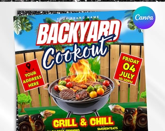 May include: A flyer for a backyard cookout, featuring a grill with food, flames, and text that reads "Backyard Cookout." The flyer includes the date, time, and location, along with the words "Grill & Chill" and website and social media information.