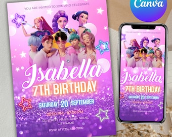 KPOPデーモンハンター誕生日招待状、KPOPデーモンハンターパーティー招待状、Kポップ誕生日招待状、Kポップスター、誕生日招待状、Canva編集可能