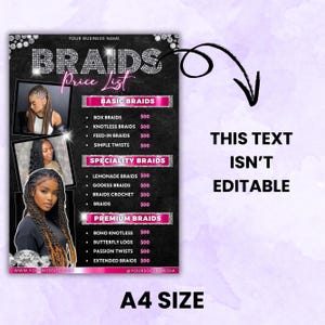 Braids Pricelist, Hair Styles Braiding Price, DIY Flyer Template Design, Beauty Salon Price Sheet, Lash Hair Nails Pricelist, Canva Editable