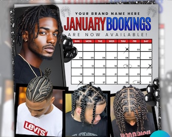 Locs & Retwist Flyer, January Booking Flyer, New Year Barber Hair Specials, New Year Braids, Loctician Hairstylist Flyer, Canva Editable